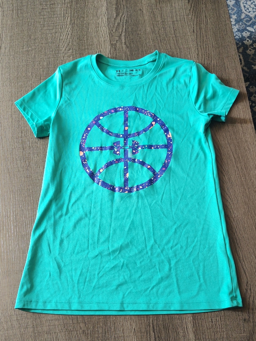 Under Armour Girls' Teal Performance Tee with Purple Basketball Graphic, Sz M